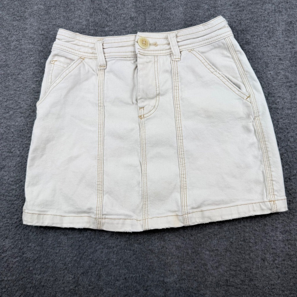 We The Free Denim‎ Mini Skirt Women's 25 Cream Off-White Raw Hem Contrast Stitch